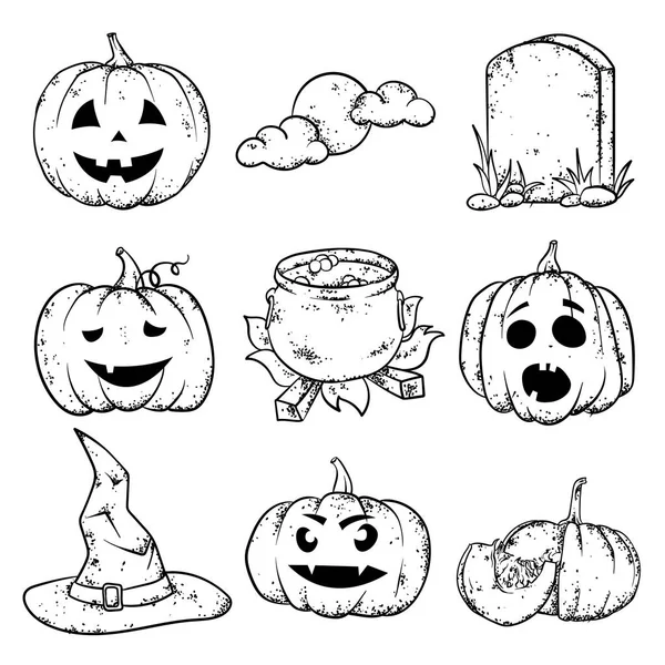 Un conjunto de atributos de Halloween: calabazas con diferentes sonrisas, una lápida, un sombrero de bruja, una olla de pociones y una luna en las nubes. Ilustración vectorial para una postal o un póster. Halloween . — Vector de stock