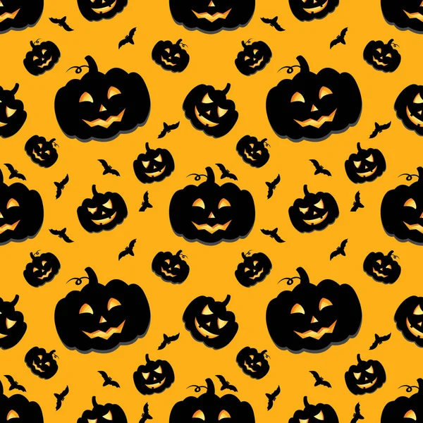 Funny background of Halloween pumpkins with carved smiles. Vector illustration for a postcard or a poster, print on clothes or wrapping paper. — Stock Vector