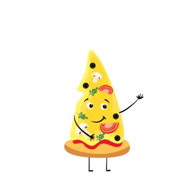 Bir parça pizza komik bir namlu ile. Gülümseme ve duygular. Vektör çizim.