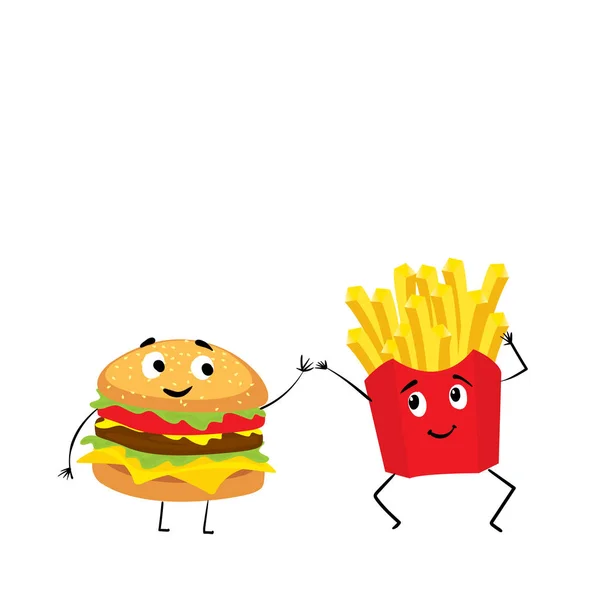 Frytki i cheeseburger z śmieszne kagańce. Uśmiech i emocje. Ilustracja wektorowa. — Wektor stockowy