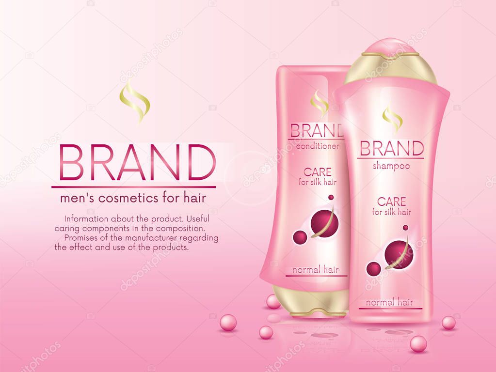 Beautiful realistic bottles of conditioner and hair shampoo. Packaging design and corporate identity. Hair cosmetics. Vector illustration.