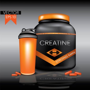 Bir cam bir protein kokteyl için. Spor ve beslenme. Vektör çizim. Spor, fitness, vücut geliştirme. Kapsül ve kreatin bir küptür. Vektör çizim.