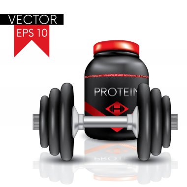 Dambıl ve protein bir küptür. Vektör çizim. Spor ve spor ve beslenme.