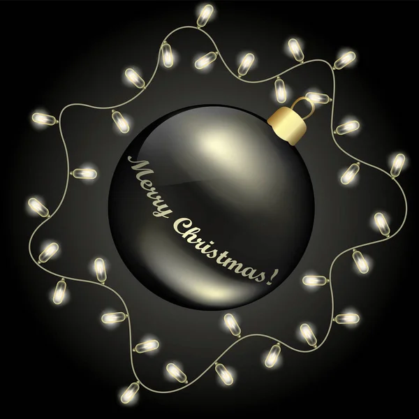 Een kant en klare concept voor een stijlvolle Kerstkaart met lampen en een zwarte bal. Vectorillustratie voor een briefkaart of een poster. Feestelijke 3D-ontwerp. Nieuwjaar. — Stockvector