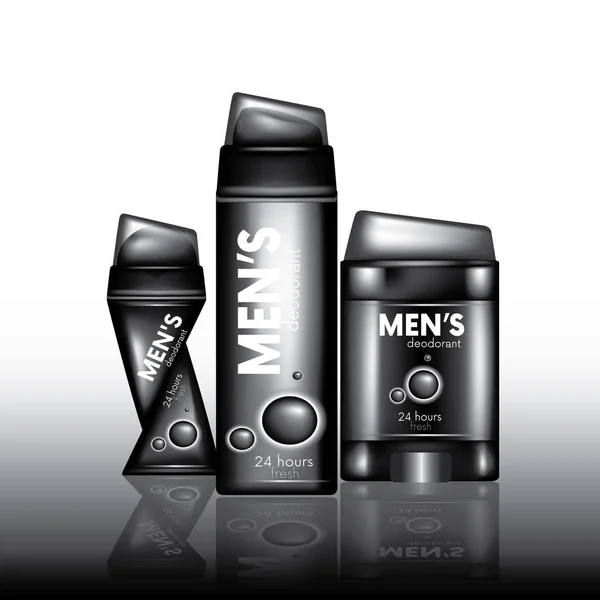 A ready-made concept for an advertising poster of male antiperspirants. Vector illustration with a ball, dry and spray deodorant. Realistic 3D packaging design. — Stock Vector