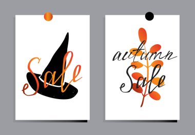 Sonbahar ve Cadılar Bayramı kartpostal tasarım kümesi. Kavram el ilanları ve afiş sonbahar yaprakları ve şapka ile. Arka. Yazdırma için tasarımlar ve Internet.Hello sonbahar, satış, Cadılar Bayramı