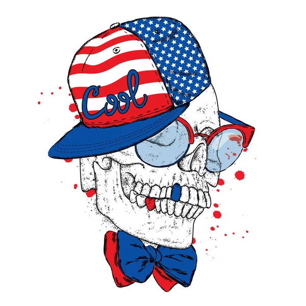 Kafatasında bir kap ve güneş gözlüğü. Vektör çizim bir kartpostal veya poster, giysiler için yazdırma için. Dotwork.