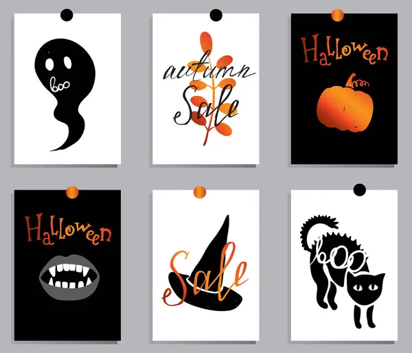 A set of designs for autumn and Halloween postcards. Concept flyers and banners with autumn leaves and pumpkins. Abstract backgrounds. Designs for printing and the Internet.Hello Fall, Sale, Halloween — Stock Vector