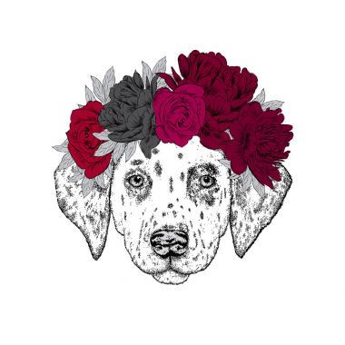 Çiçek çelenk içinde güzel bir köpek yavrusu. Vektör çizim bir kartpostal veya poster, giysiler için yazdırma için. Moda ve stil.