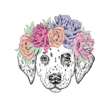 Çiçek çelenk içinde güzel bir köpek yavrusu. Vektör çizim bir kartpostal veya poster, giysiler için yazdırma için. Moda ve stil.