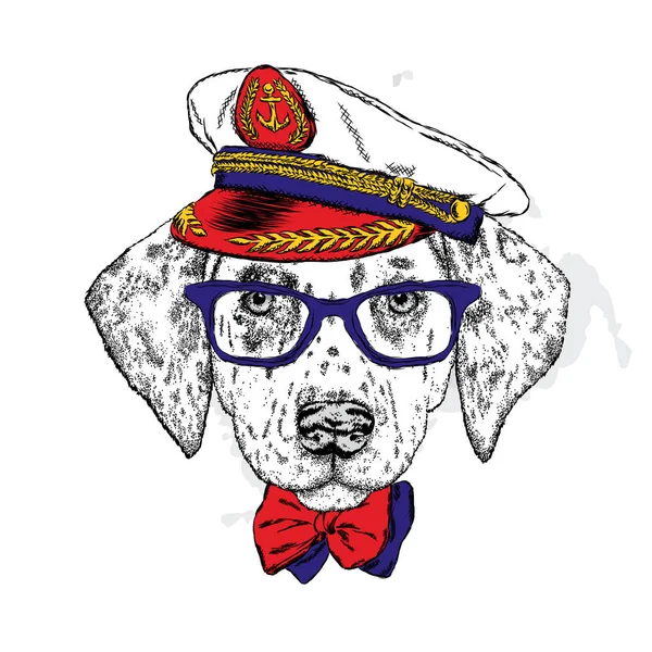 캡 모자, 안경, 넥타이에 잘생긴 강아지. 벡터 그림 엽서나 포스터, 옷에 대 한 인쇄에 대 한. 패션 및 스타일입니다. 달마 시안. — 스톡 벡터