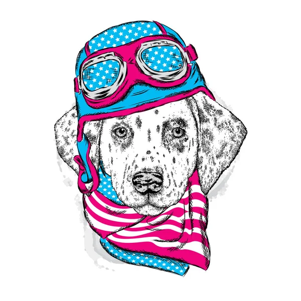 Un cachorro guapo con casco y pañuelo en la cabeza. Ilustración vectorial para una postal o un póster, impresión para ropa. Moda y estilo. Dálmata. Un piloto o un motociclista . — Vector de stock