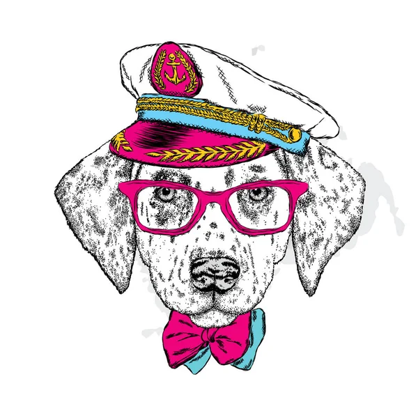 Um cachorrinho bonito em um boné, óculos e uma gravata. Ilustração vetorial para um cartão postal ou um cartaz, impressão para roupas. Moda & Estilo. Dálmata . — Vetor de Stock