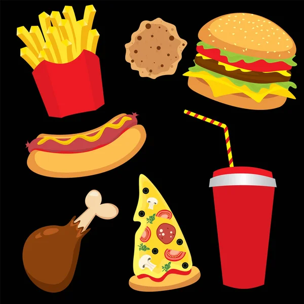Un set di fast food colorati. Hotdog, cheeseburger o hamburger, un bicchiere di soda, patatine fritte, prosciutto, una fetta di pizza e biscotti. Illustrazione vettoriale per disegno o poster. Caffè e ristoranti . — Vettoriale Stock