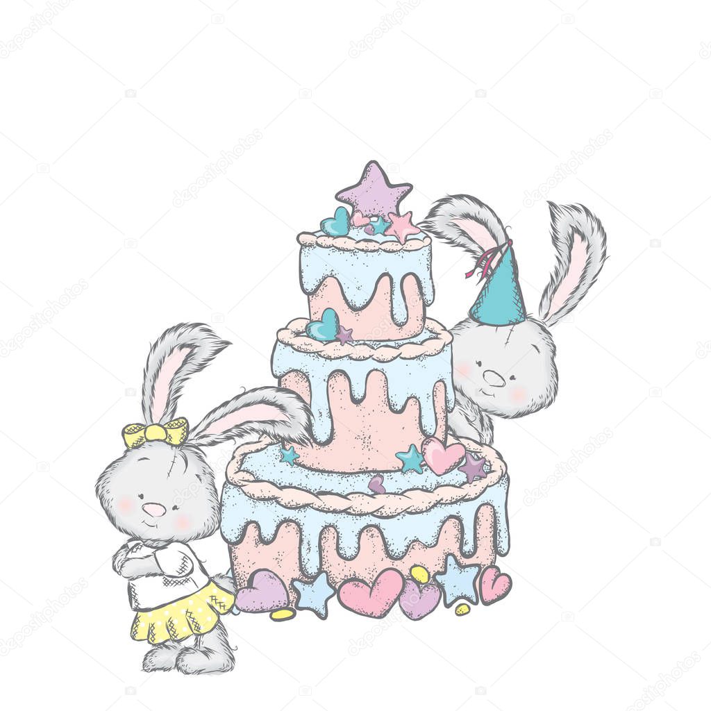 Lovely bunny and big, beautiful cake with hearts and asterisks. Rabbits and dessert. Vector illustration for a postcard or a poster.
