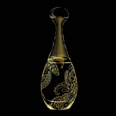 Güzel bir şişe parfüm ve oryantal desen. Vektör çizim bir kartpostal veya poster, giysiler için yazdırma için. Altınla kabartma için stil ekleme.