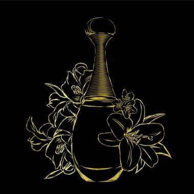 Güzel bir şişe parfüm ve oryantal desen. Vektör çizim bir kartpostal veya poster, giysiler için yazdırma için. Altınla kabartma için stil ekleme.