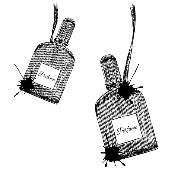 Uma bela garrafa de perfume. Ilustração vetorial para um cartão postal ou um cartaz, impressão para roupas. Estilo para gravação em relevo com ouro . — Vetor de Stock