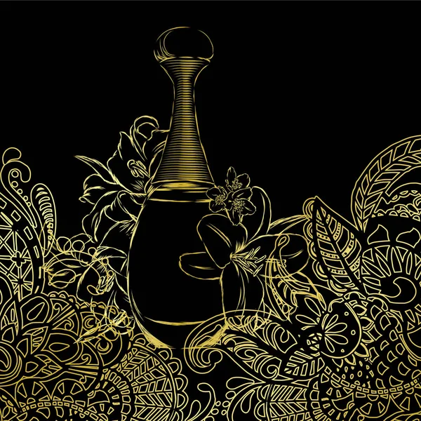 Une belle bouteille de parfum et de motifs orientaux. Illustration vectorielle pour une carte postale ou une affiche, impression pour vêtements. Stylisme pour gaufrage avec de l'or . — Image vectorielle