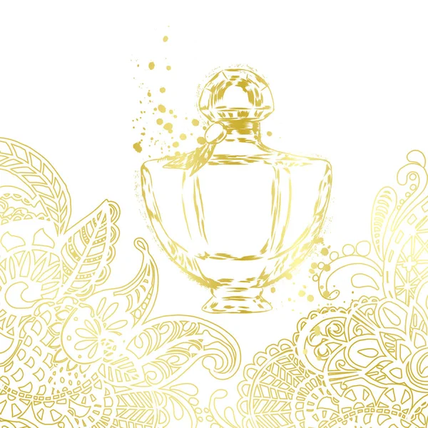 Eine schöne Flasche Parfüm und orientalische Muster. Vektor-Illustration für eine Postkarte oder ein Poster, Druck für Kleidung. Styling zum Prägen mit Gold. — Stockvektor