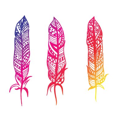 Tüy desenleri ile. Bir kartı veya poster, giyim ve Aksesuar yazdırma için vektör çizim. Kabile. Tasarım öğeleri. Hint desenleri tüy kaplı ayarla.