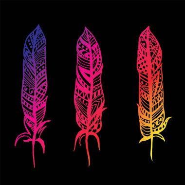 Tüy desenleri ile. Bir kartı veya poster, giyim ve Aksesuar yazdırma için vektör çizim. Kabile. Tasarım öğeleri. Hint desenleri tüy kaplı ayarla.