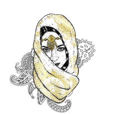 Bir eşarp desenleri ile güzel oryantal kız. Vektör çizim bir kartpostal veya poster için.