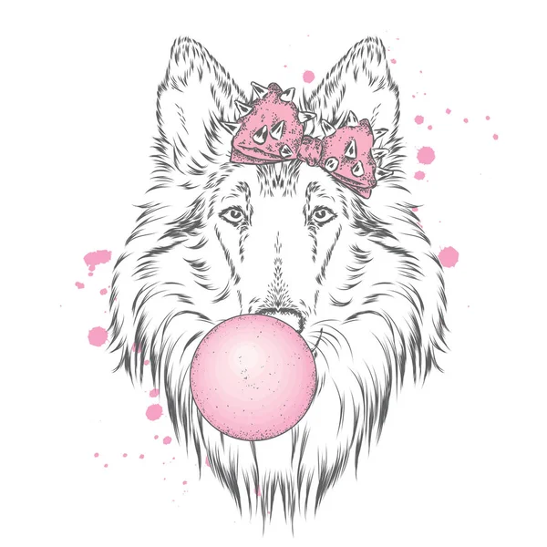 A beautiful dog with a bow blows a cud. Purebred puppy. Collie. Vector illustration for a postcard or a poster, print for clothes. Fashion & Style. — 스톡 벡터