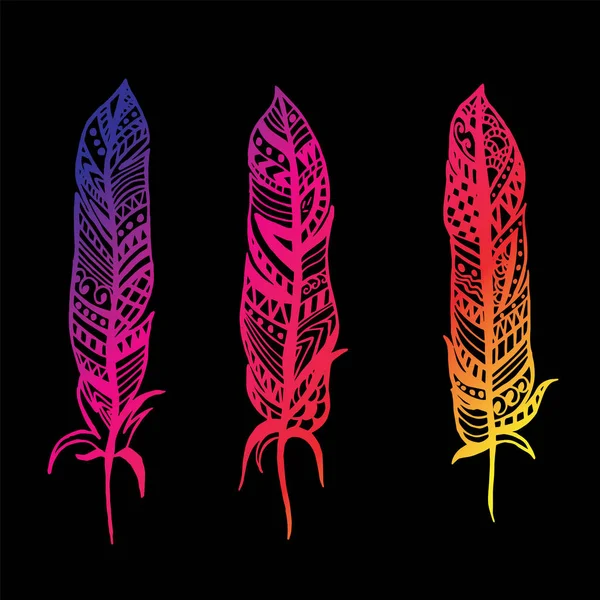 Tüy desenleri ile. Bir kartı veya poster, giyim ve Aksesuar yazdırma için vektör çizim. Kabile. Tasarım öğeleri. Hint desenleri tüy kaplı ayarla.