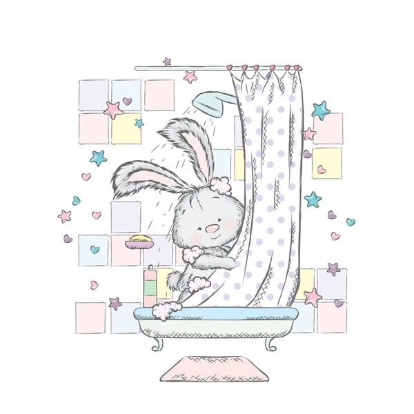 Милый заяц в душе. Векторная иллюстрация. Кролик купается в ванне . — стоковый вектор