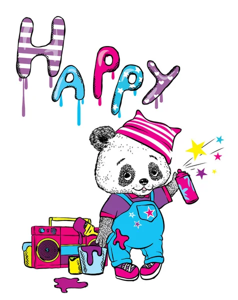 Смешная панда в комбинезоне и шляпа рисует кисть и колбасу. Векторная иллюстрация для открытки или плаката, печать для одежды . — стоковый вектор