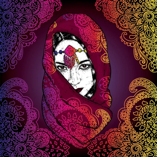 Hermosa chica oriental en una bufanda con patrones. Ilustración vectorial para una postal o un póster . — Vector de stock