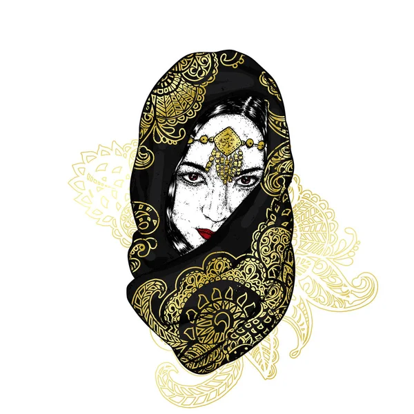 Mooie oosterse meid in een sjaal met patronen. Vectorillustratie voor een briefkaart of een poster. — Stockvector