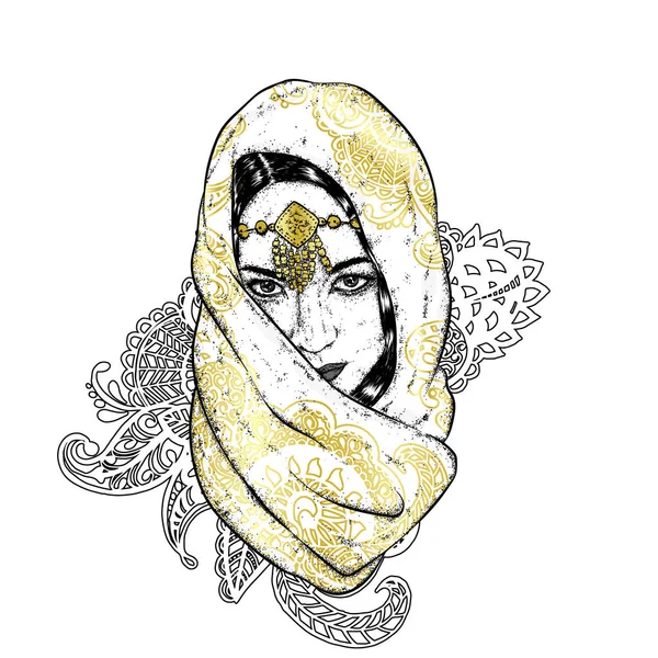 Bir eşarp desenleri ile güzel oryantal kız. Vektör çizim bir kartpostal veya poster için.