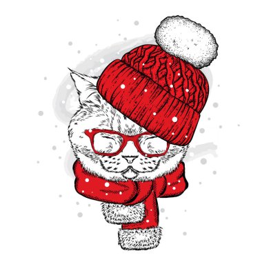 Komik bir kedi bir örgü şapka ve atkı. Vektör çizim bir kartpostal veya poster, giysiler için yazdırma için. Yılbaşı ve Yeniyıl, kış. Şirin kedi yavrusu.