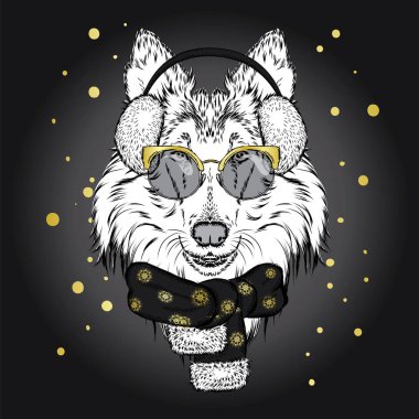 Sevimli köpek Noel şapka ve güneş gözlüğü. Vektör çizim için tebrik kartı, poster ya da baskı dökmeyin. Safkan köpek. Kömür ocağı. Kış, Noel ve yeni yıl.