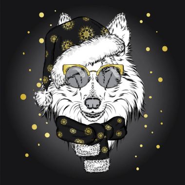 Sevimli köpek earmuffs ve bir eşarp. Bir kartı veya poster için vektör çizim. Kıyafetlere yazdırın. Güzel köpek. Yeni yıl ve Noel. Kış. Sıcak giysiler. Kömür ocağı.