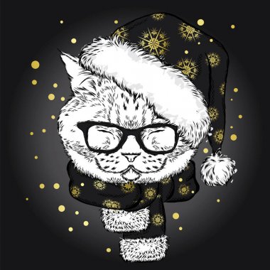 Komik kedi bir Noel şapka ve atkı. Vektör çizim kartı veya poster, elbiselere yazdırma için. Yeni yıl ve Noel.