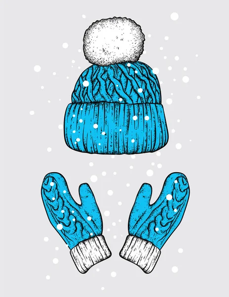Зимняя шляпа и перчатки. Трикотажные варежки. Векторная иллюстрация для открытки или плаката, печать одежды. Новый год и Рождество. Праздничная открытка . — стоковый вектор