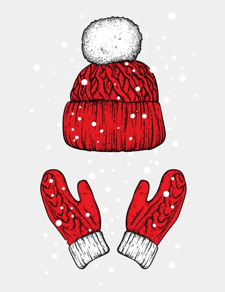 Winter muts en handschoenen. Gebreide wanten. Vectorillustratie voor een briefkaart of een poster, print voor kleding. Nieuwjaar en Kerstmis. Feestelijke briefkaart. — Stockvector