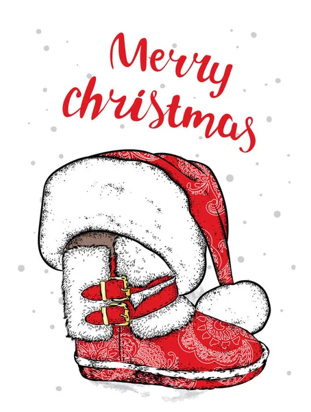 Einen fabelhaften Silvesterstiefel und den Weihnachtsmann. Vektor-Illustration für eine Postkarte oder ein Poster, Druck für Kleidung. Neujahr und Weihnachten. Winterurlaub. — Stockvektor