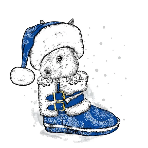 Komik Tavşan bir yılbaşı önyükleme ve Noel Baba'nın şapka. Bir vektör çizim bir kartpostal veya poster, giysiler için bir baskı için. Yılbaşı ve Yeniyıl, kış. Tatlı tavşan. — Stok Vektör