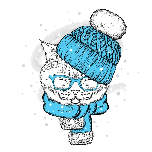 Komik bir kedi bir örgü şapka ve atkı. Vektör çizim bir kartpostal veya poster, giysiler için yazdırma için. Yılbaşı ve Yeniyıl, kış. Şirin kedi yavrusu.