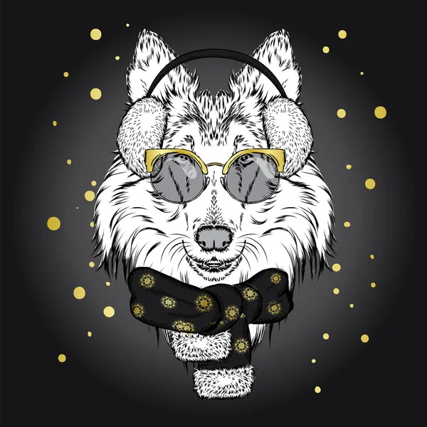 Sevimli köpek Noel şapka ve güneş gözlüğü. Vektör çizim için tebrik kartı, poster ya da baskı dökmeyin. Safkan köpek. Kömür ocağı. Kış, Noel ve yeni yıl.