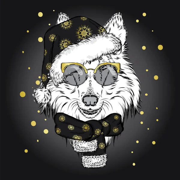 Sevimli köpek earmuffs ve bir eşarp. Bir kartı veya poster için vektör çizim. Kıyafetlere yazdırın. Güzel köpek. Yeni yıl ve Noel. Kış. Sıcak giysiler. Kömür ocağı.