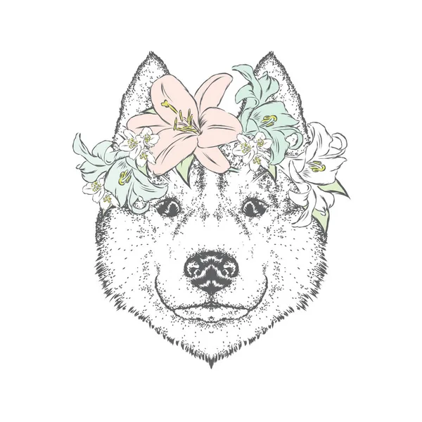 Un bellissimo cane in una corona di fiori. Bel cagnolino. Illustrazione vettoriale per una cartolina o un poster, stampa per vestiti. Husky o lupo . — Vettoriale Stock