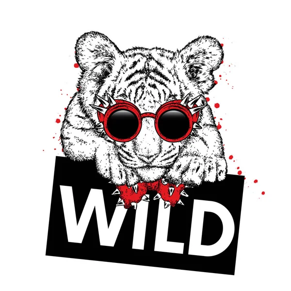 Güzel kaplan ile gözlük ve bir kravat. Vektör çizim bir kartpostal veya poster, giysi ve aksesuarları için yazdırma için. Vahşi Kaplan bir işareti ile. Moda ve stil.