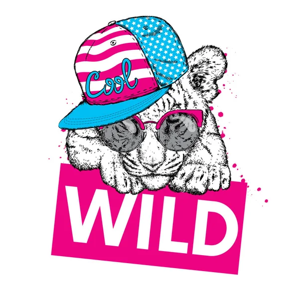 Güzel kaplan ile gözlük ve bir kap. Vektör çizim bir kartpostal veya poster, giysi ve aksesuarları için yazdırma için. Vahşi Kaplan. Moda ve stil. Amerikan bayrağı. ABD Patriot.