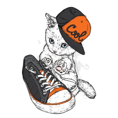 Bir kap ve şık spor ayakkabı de sevimli kedi. Vektör çizim için bir kartpostal veya bir poster. Güzel kedi. Moda ve stil.