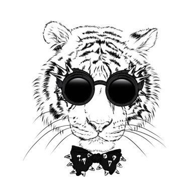 Güzel bir kaplan ile gözlük ve dikenler bir kravat. Vektör çizim bir kartpostal veya poster için.